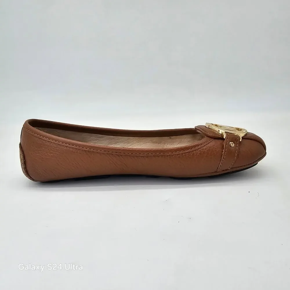 Michael Kors Fulton Moc Flats Brown Pebbled Leather Gold Metal Logo Women's 9.5M